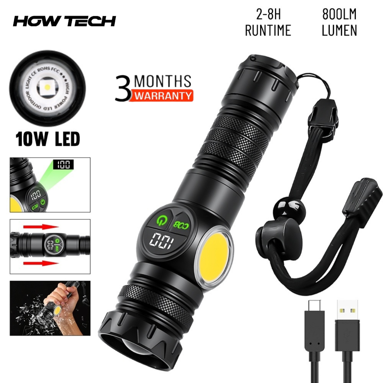 How Tech K60 Rechargeable Flashlight 10W COB + LED Torchlight